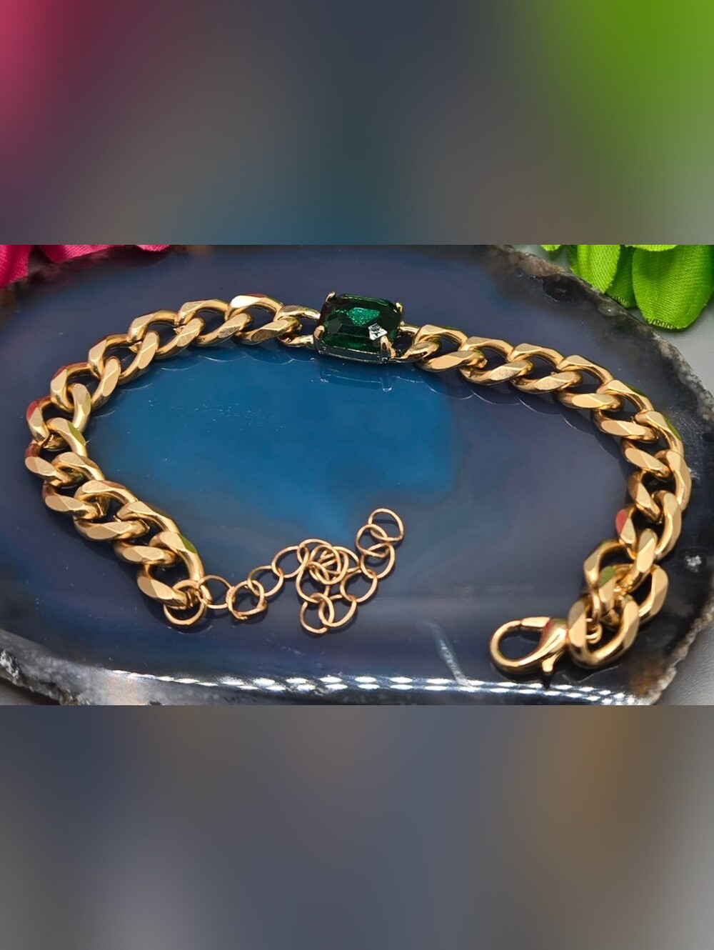 Classic Cuban Chain Bracelet w/ Emerald Cut Green Glass Crystal Sz 6-8½